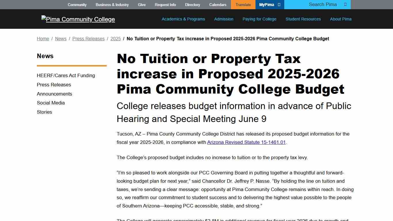 No Tuition or Property Tax increase in Proposed 2025-2026 Pima Community College Budget Pima Community College, Tucson, Arizona